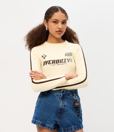 Blusa Manga Larga en Algodón con Estampa de Overdrive y Bies Contrastante