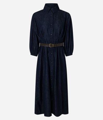 Vestido Midi en Jeans con Manga Larga y Cinturón