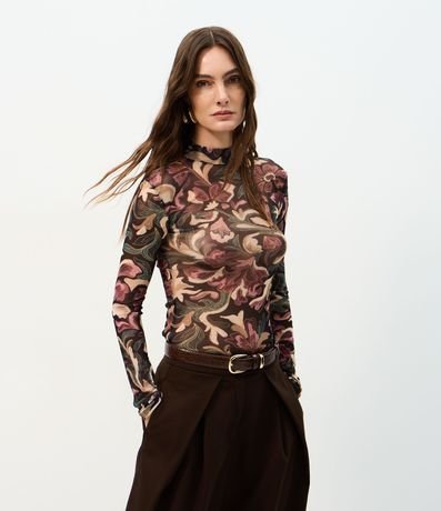 Blusa en Tule con Estampado Floral y Cuello Alto