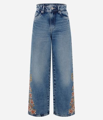 Pantalón Wide Leg Jeans con Cintura Mediana y Bordado Floral 5