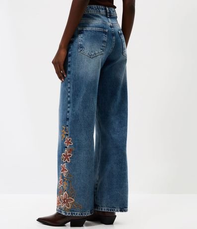 Pantalón Wide Leg Jeans con Cintura Mediana y Bordado Floral 4
