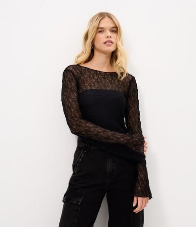 Blusa Manga larga Texturizada con Manga Evasê y Transparencia
