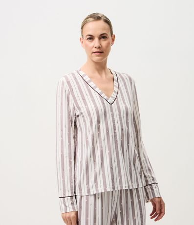 Pijama Largo en Peach Touch con Estampa de Rayas Contrastante 2