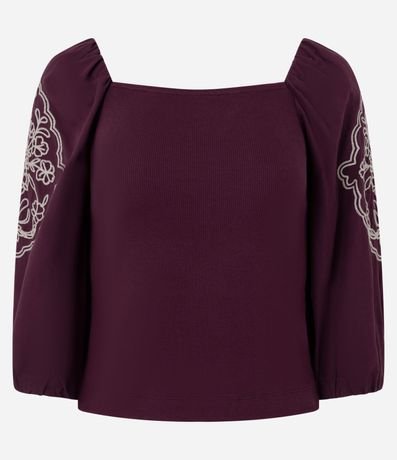 Blusa Manga Larga Abullonada con Bordado de Follaje