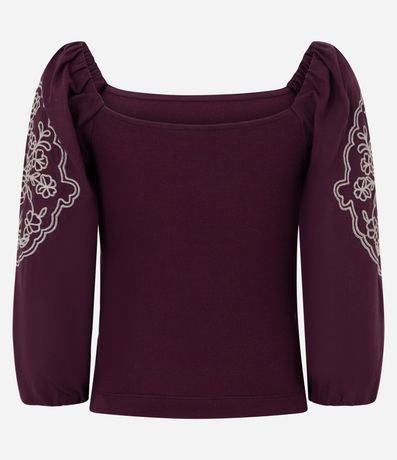 Blusa Manga Larga Abullonada con Bordado de Follaje 3