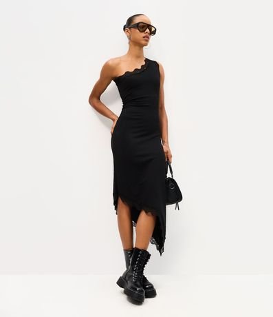 Vestido Hombro Único con Escote Assimétrico y Detalle Rendado