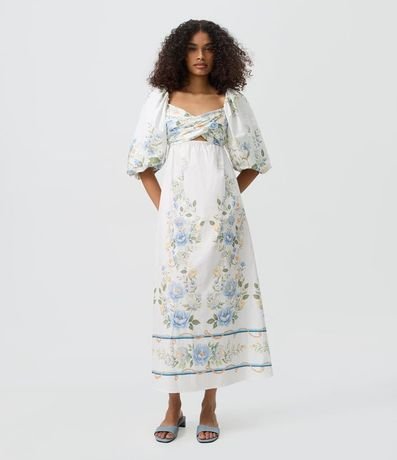 Vestido Midi Floral en Tricolina con Manga Baloné 1