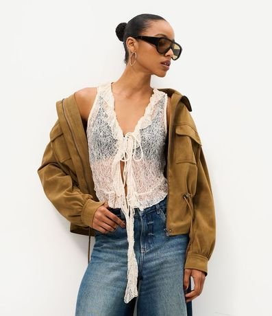 Blusa en Poliamida con Encaje y Volados en el Escote