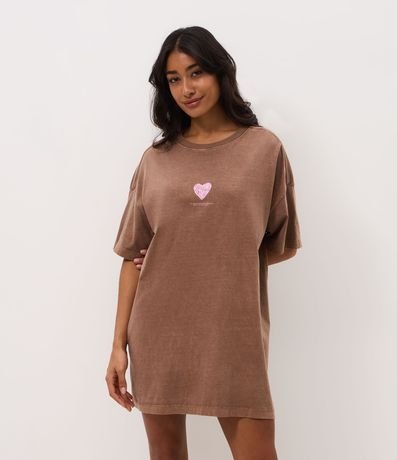 Camisón Corto Desteñido con Estampado de Corazón y Lettering