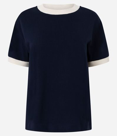 Blusa en Algodón con Cuello y Bajo de las Mangas Contrastante