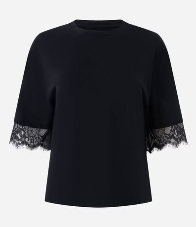 Remera en Algodón con Encaje Aplicada en las Mangas