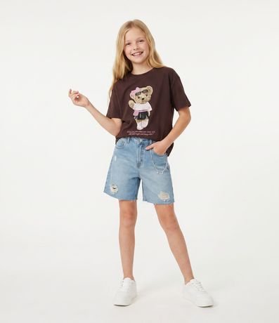 Remera Over Infantil con Estampa de Oso Marron - Talle 5 a 16 años