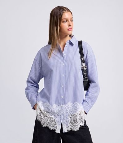 Camisa Oversize de Tricoline con Rayas y Detalle de Renda