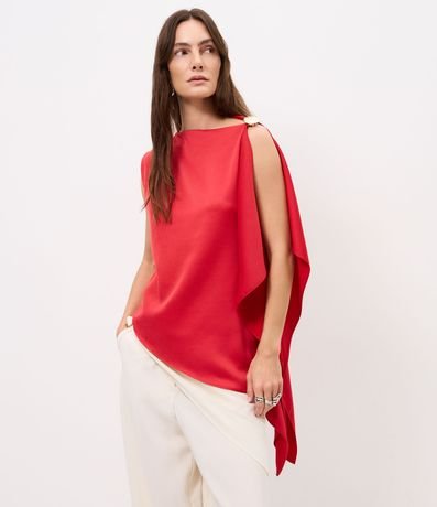 Blusa Satinada Asimétrica con Adornos en el Hombro