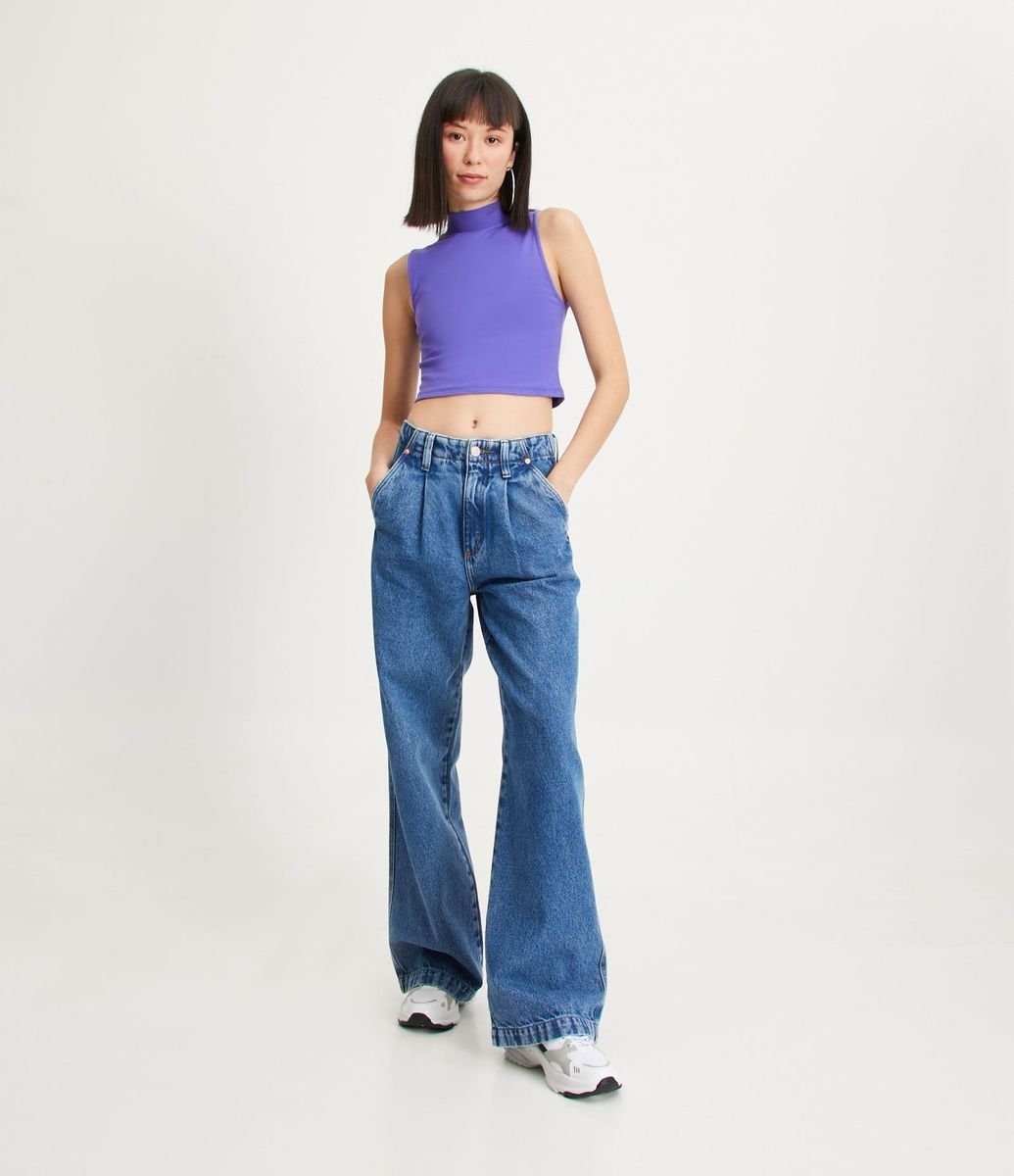 Pantalón Wide Leg Sastrería en Jeans con Bolsillos Solapa