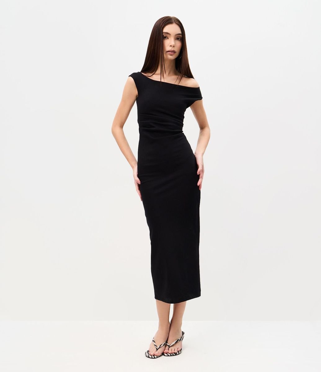 Vestido Midi en Cotton con Escote Hombro a Hombro y Drapeado