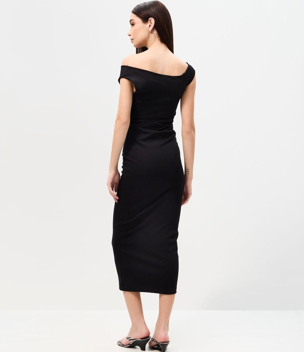 Vestido Midi en Cotton con Escote Hombro a Hombro y Drapeado 4